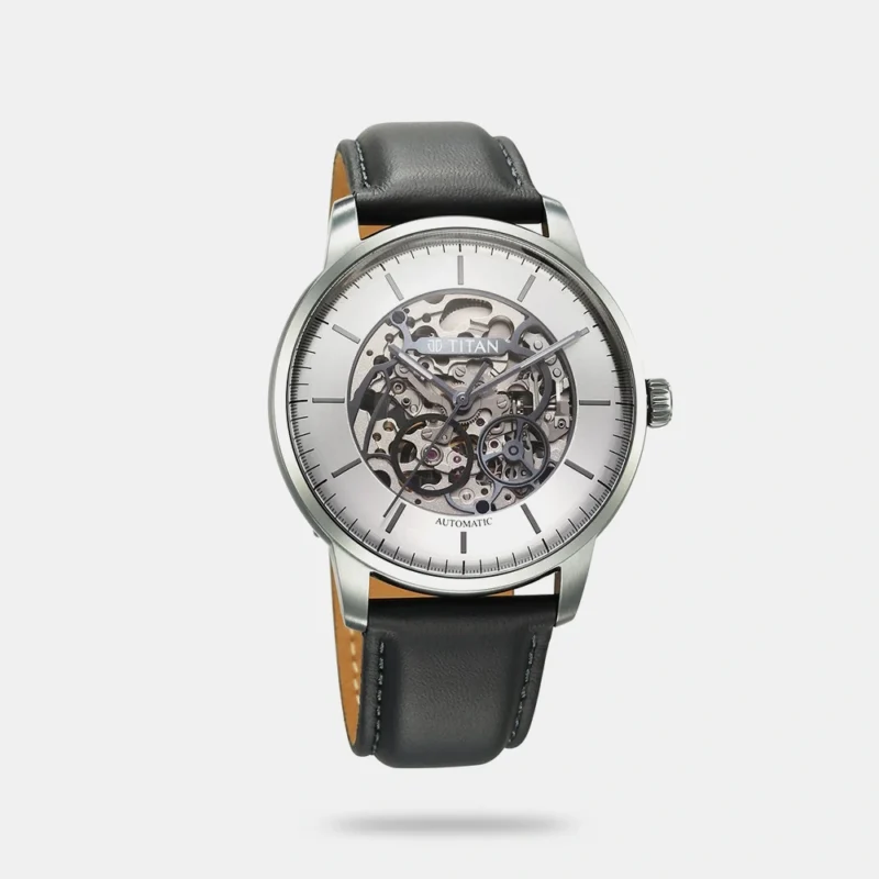 Titan Automatic Color Upgrade Silver Dial Grey Leather Strap Watch For Men - 90110QL02
