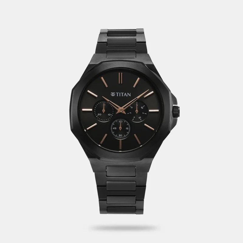 Titan Classic Slim Multifunction Quartz Multifunction Black Dial Stainless Steel Strap Watch For Men - 90198NM01