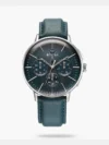 This 42mm multifunction watch combines a sleek silhouette with practicality, featuring a round dial adorned with glow-in-the-dark hour markers and three sub-dials for day, date, and 24-hour time tracking. The design is accentuated by plain 3 hands ensuring clarity and time visibility. A secure tang buckle closure on a leather strap along with 50 meters of water resistance provide a comfortable fit for everyday wear.