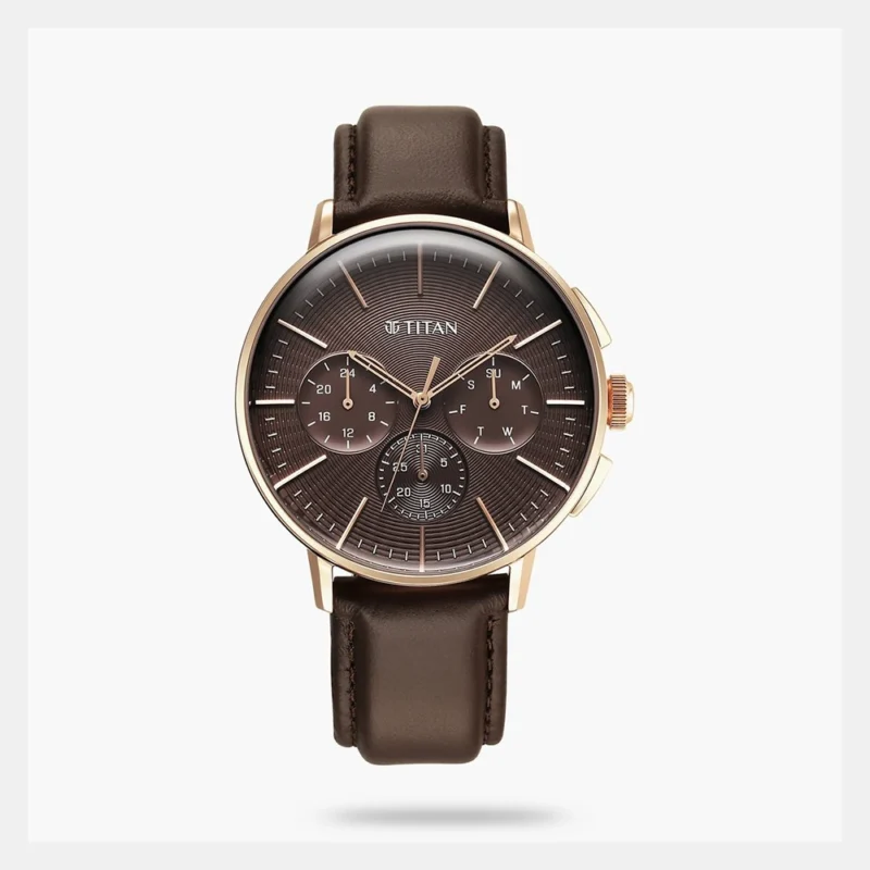 Titan Light leathers Multifunction Brown Dial Leather Strap Watch For Men - 90200WL01