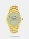 https://watchpalace.in/product/titan-black-and-gold-silver-dial-analog-with-day-and-date-stainless-steel-strap-watch-for-men-ns1805ym01/ Flaunt a stylish look with this gold stainless steel strap analog watch from the Classique collection by Titan for men. It comes with a bracelet band style and a push-button clasp that is sure to look stylish on your wrists. It has a multifunction feature along with European numbers and stick dial type. This watch is equipped with a sword needle and a silver round dial shape of 42 mm diameter, which adds to its utility. The quartz movement and analog display accentuate its features. Moreover, it is water-resistant up to 50 m and has a day and date calendar type, making it a must-have.