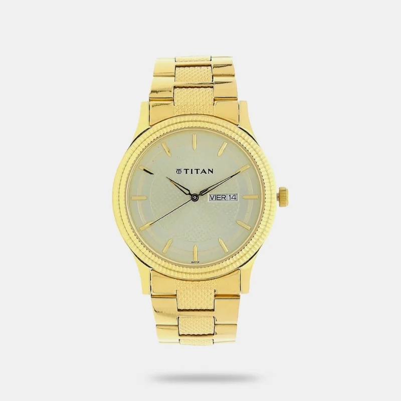 Titan Analog with Day and Date Quartz Champagne Dial Metal Round Stainless Steel Strap watch for Men - NS1650YM06