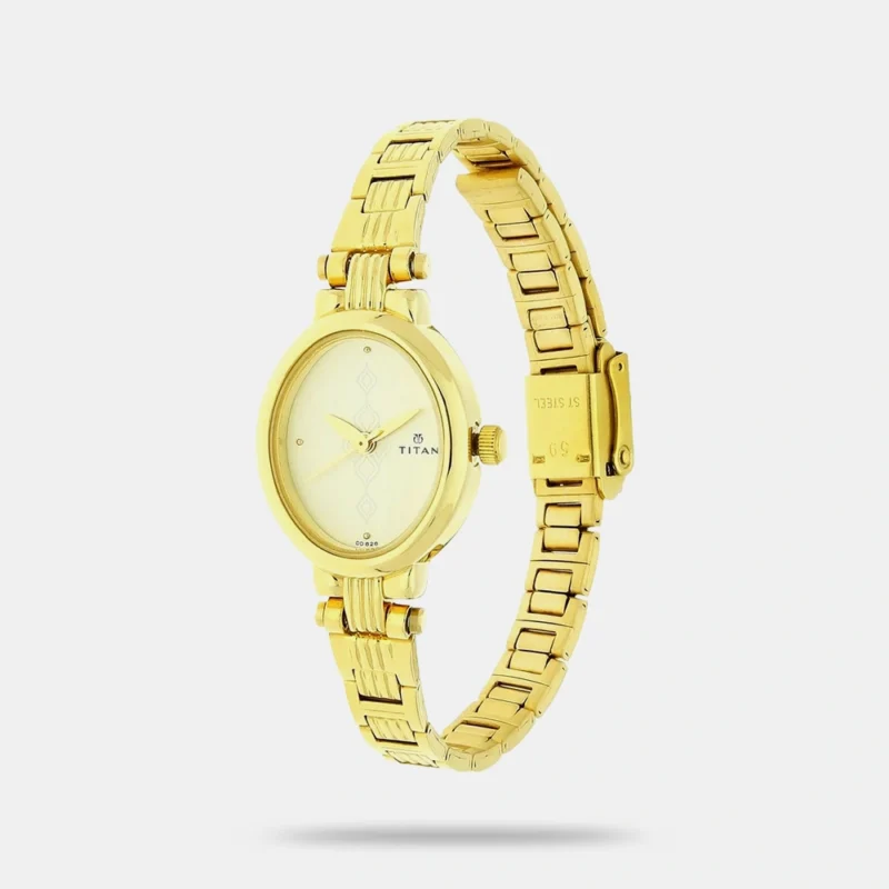 Titan Quartz Analog Champagne Dial Watch For WomenWith Golden Stainless Steel Strap - NS2535YM01 - Image 2