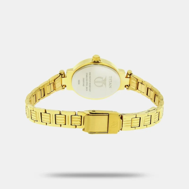 Titan Quartz Analog Champagne Dial Watch For WomenWith Golden Stainless Steel Strap - NS2535YM01 - Image 4