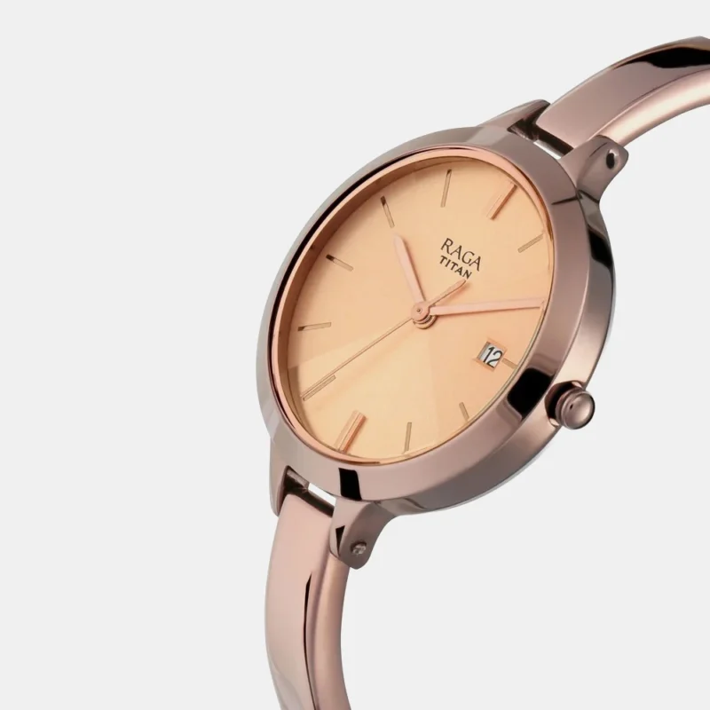 Titan Quartz Analog with Date Rose Gold Dial Brown Metal Strap Watch For Women - NS2578QM01 - Image 2