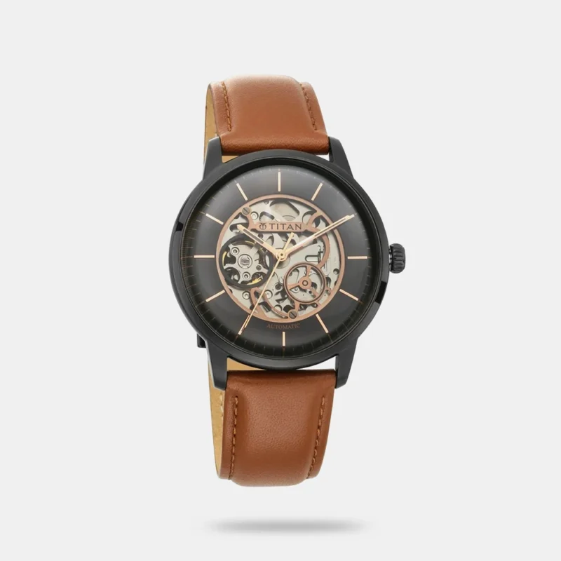 Titan Automatics Black Dial Tan Leather Strap Watch for Men - NS90110NL01