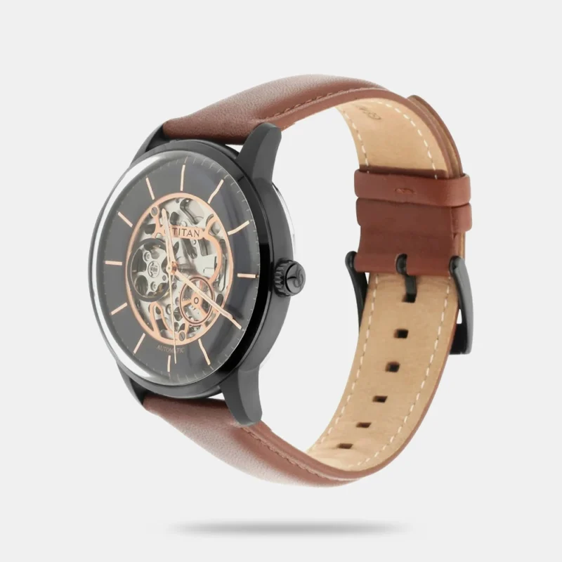 Titan Automatics Black Dial Tan Leather Strap Watch for Men - NS90110NL01 - Image 2