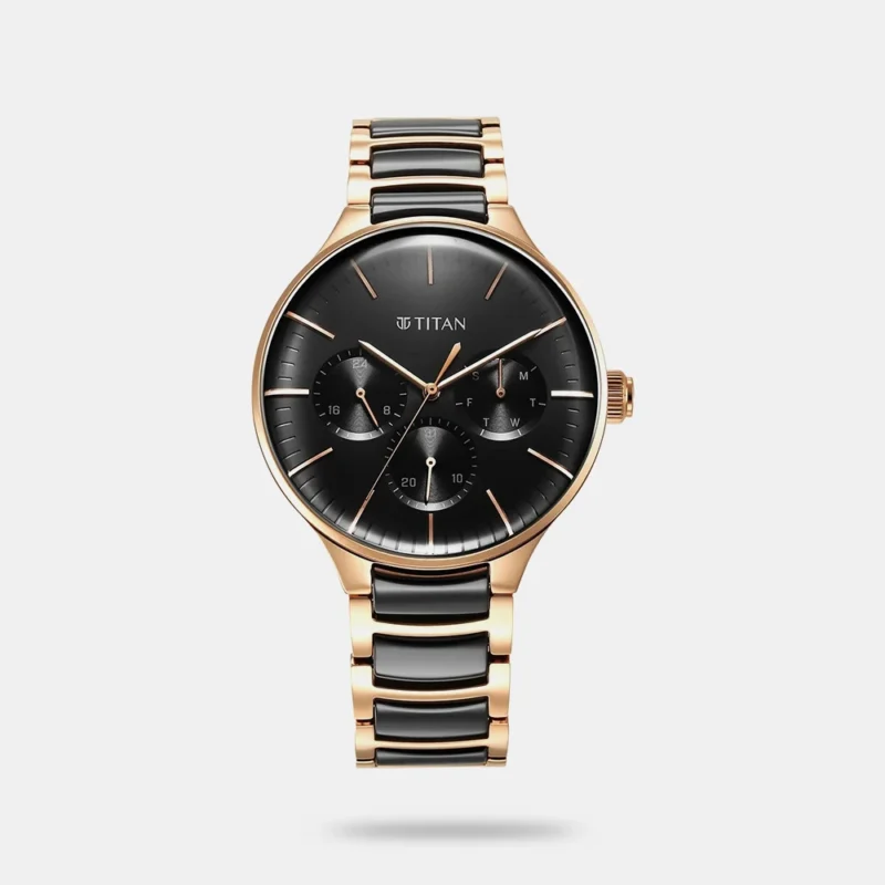 Titan Ceramic Fusion Quartz Multifunction Black Dial Rose Gold Dual-Toned Stainless Steel Bracelet Watch for Men - NS90148KD03
