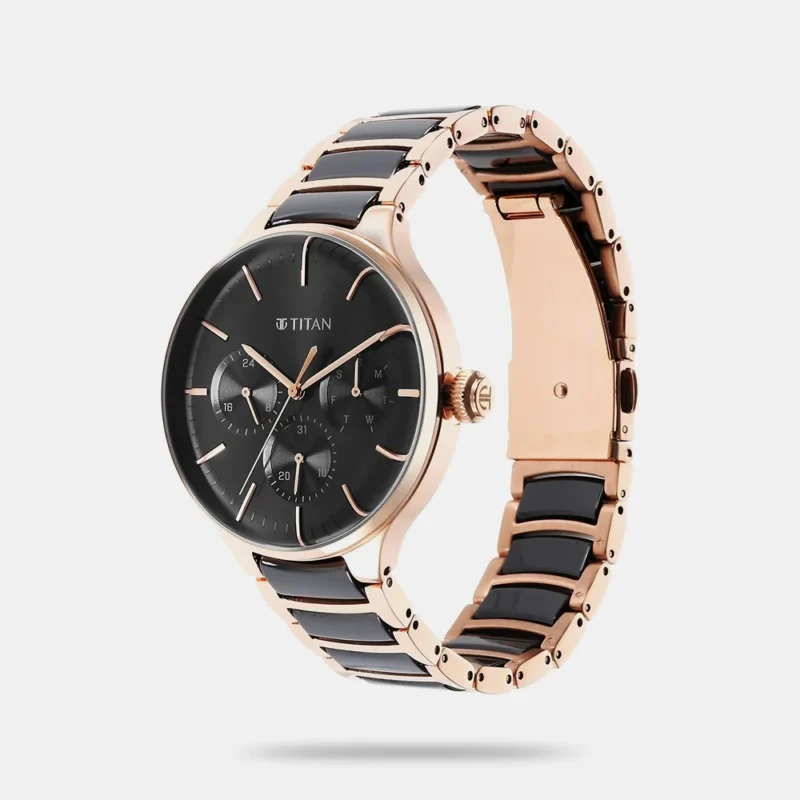 Titan Ceramic Fusion Quartz Multifunction Black Dial Rose Gold Dual-Toned Stainless Steel Bracelet Watch for Men - NS90148KD03 - Image 2
