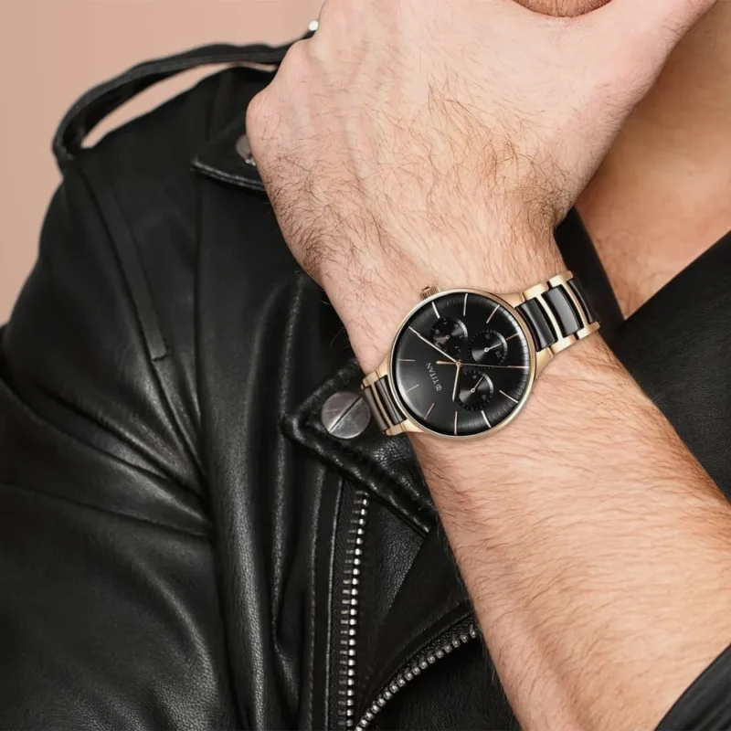 Titan Ceramic Fusion Quartz Multifunction Black Dial Rose Gold Dual-Toned Stainless Steel Bracelet Watch for Men - NS90148KD03 - Image 5