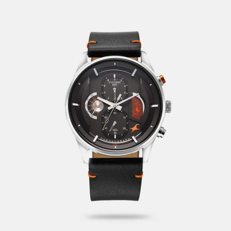 Fastrack Opulence Sun Moon Chronograph Black Dial Black Leather Strap Analog Quartz Watch For Guys - NT3315KL01