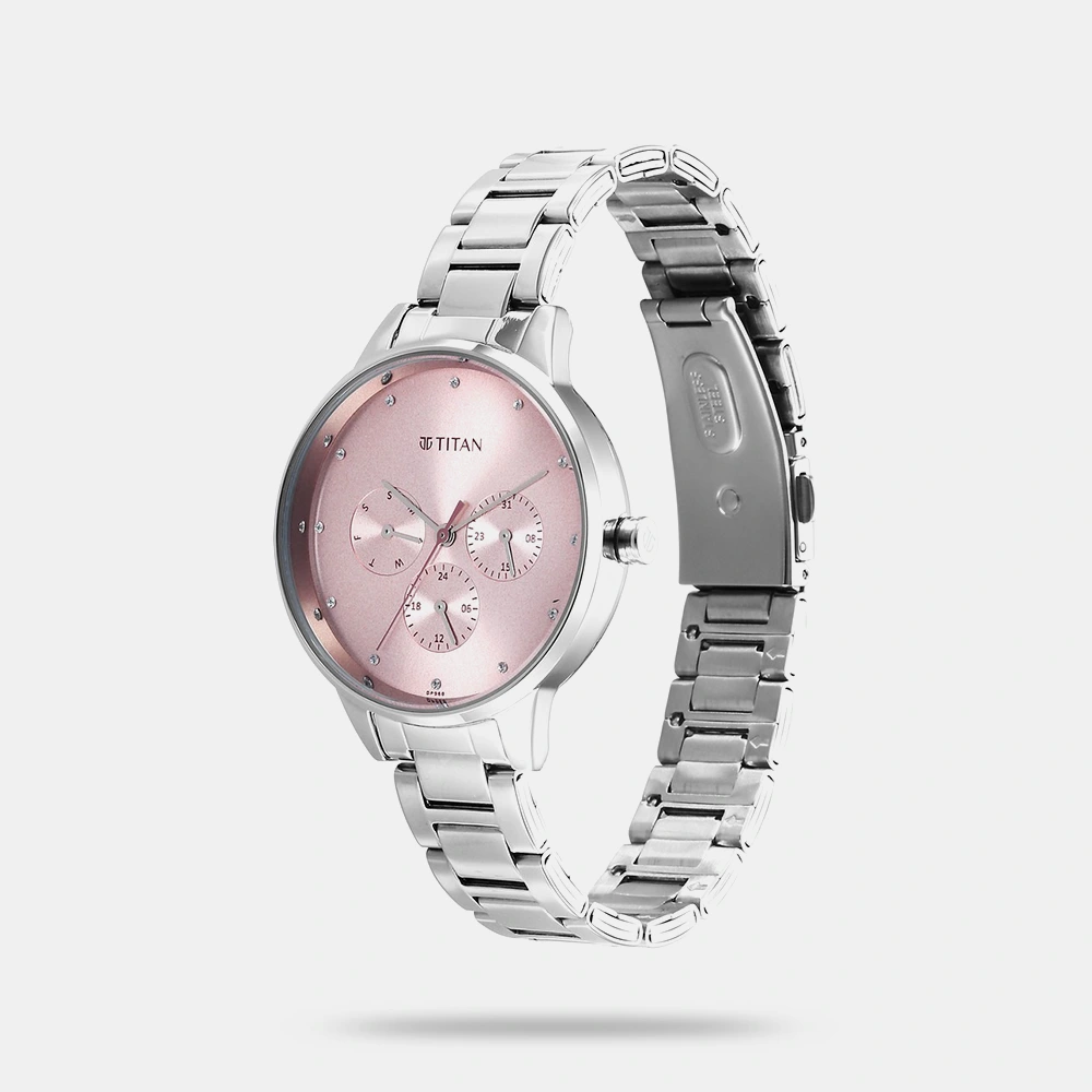 https://watchpalace.in/product/titan-razzle-dazzle-quartz-analog-with-day-and-date-pink-dial-silver-stainless-steel-strap-watch-for-women-2648sm13/ Titan Razzle Dazzle Quartz Analog with Day and Date Pink Dial Silver Stainless Steel Strap Watch For Women - 2648SM13 - Image 2