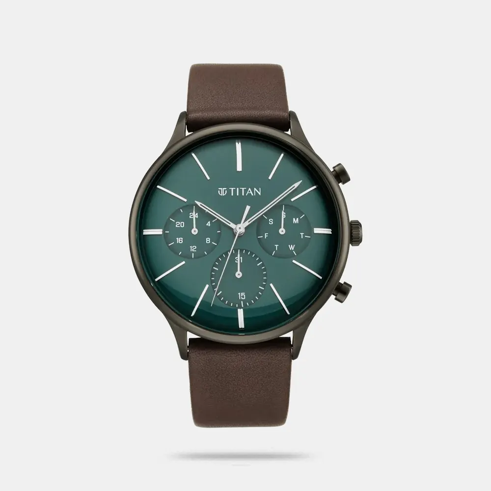https://watchpalace.in/product/bns-analog-watch-for-men-90134ql01/ Titan Quartz Multifunction Green Dial Leather Strap Watch for Men - 90134QL01