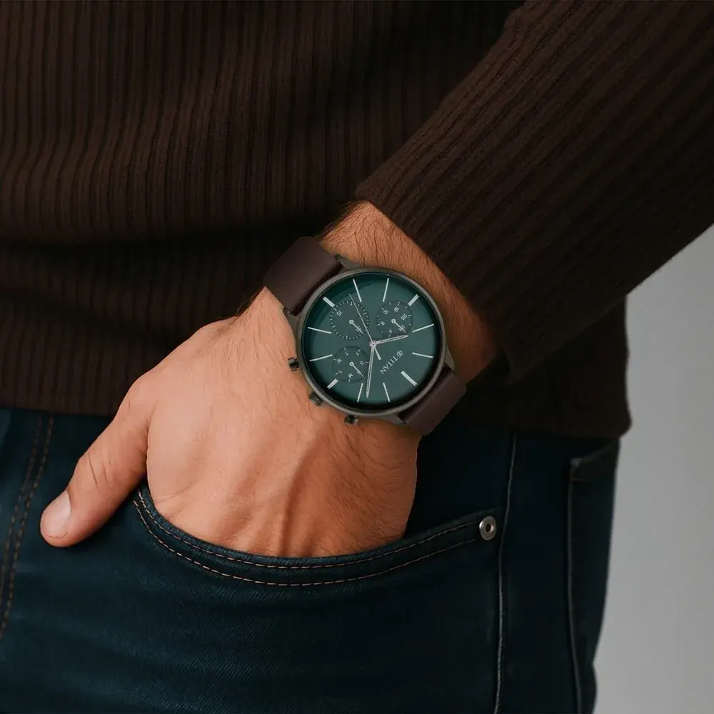https://watchpalace.in/product/bns-analog-watch-for-men-90134ql01/ Titan Quartz Multifunction Green Dial Leather Strap Watch for Men - 90134QL01 - Image 4