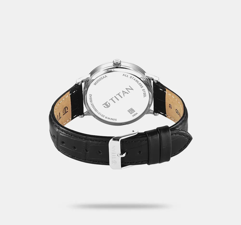 watch Elegance Quartz Dark Grey Round Dial Leather Men's Watch / Analog Watch For Men - 90202SL02 - Image 4