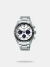 The Seiko 5 Sports SKX GMT (SSK033K1) is an entry-level automatic travel watch featuring a striking silvery-white sunray dial and a dual-tone black and translucent blue 24-hour bezel. Powered by the reliable Calibre 4R34 movement, it tracks a second time zone via an independent blue GMT hand and offers 100m water resistance, a date magnifier, and a premium 5-link stainless steel bracelet.