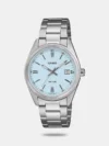 The Casio A2566 is a stylish, mid-size unisex analog watch featuring a vibrant sunburst green dial housed in a classic round silver case with a premium fluted bezel. Equipped with a reliable quartz movement, a dedicated date display, and a matching silver stainless steel triple-fold clasp bracelet, it offers a timeless luxury aesthetic with everyday 50-metre water resistance.