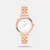 The Timex Trendline TWTL14201 is an elegant women's analog watch featuring a minimal 32mm white dial, precise quartz movement, and a durable brass case. It is completed by a stylish, adjustable rose gold stainless steel mesh strap with a secure push-button clasp