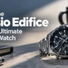 Casio Edifice ultra slim stainless steel watch with sapphire glass on a business desk