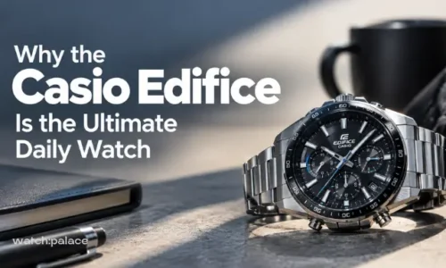 Casio Edifice ultra slim stainless steel watch with sapphire glass on a business desk