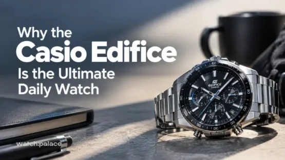 Casio Edifice ultra slim stainless steel watch with sapphire glass on a business desk