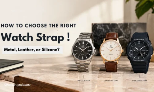 Stainless steel, leather, and silicone strap watches displayed side by side at Watch Palace
