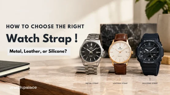Stainless steel, leather, and silicone strap watches displayed side by side at Watch Palace