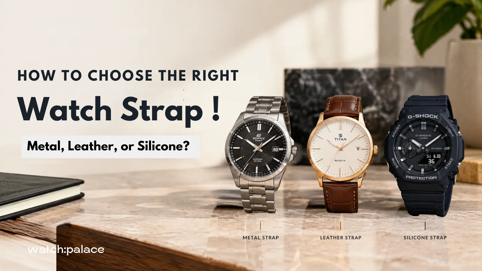 Stainless steel, leather, and silicone strap watches displayed side by side at Watch Palace