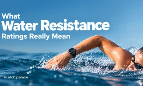 Swimmer wearing a black water-resistant sports watch in open ocean water - Watch Palace guide