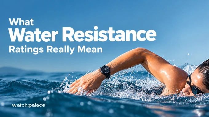 Swimmer wearing a black water-resistant sports watch in open ocean water - Watch Palace guide