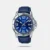 Discover Casio watch for men, featuring a blue dial, a blue strap made of leather in a round case. Built with mineral glass and stainless steel body to balance clarity and durability. Dimensions include 49 mm dial size, 20 mm strap width, 10 mm profile for comfortable wear. Key features: quartz movement, analog display, 5 atm water resistance. A secure folding clasp ensures a dependable fit.